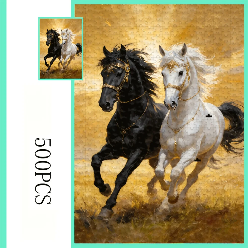 

500/1000 PCS Jigsaw PuzzleBlack and White Horses with Golden Diy for Adults Beginners , Gifts Home Decoration Games