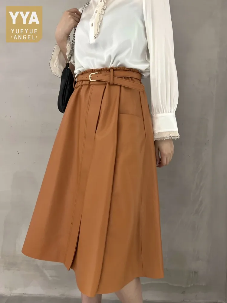 Luxury Italian Women Real Sheepskin Genuine Leather Skirt Loose Fit Autumn New Belted High Waist Elegant Ladies Mid Long Skirts