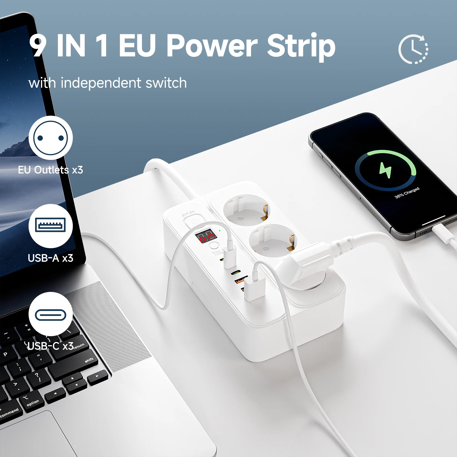 

8-in-1 EU socket power strip with 1.5-meter extension cord for timed shutdown, charging station with timed shutdown functio