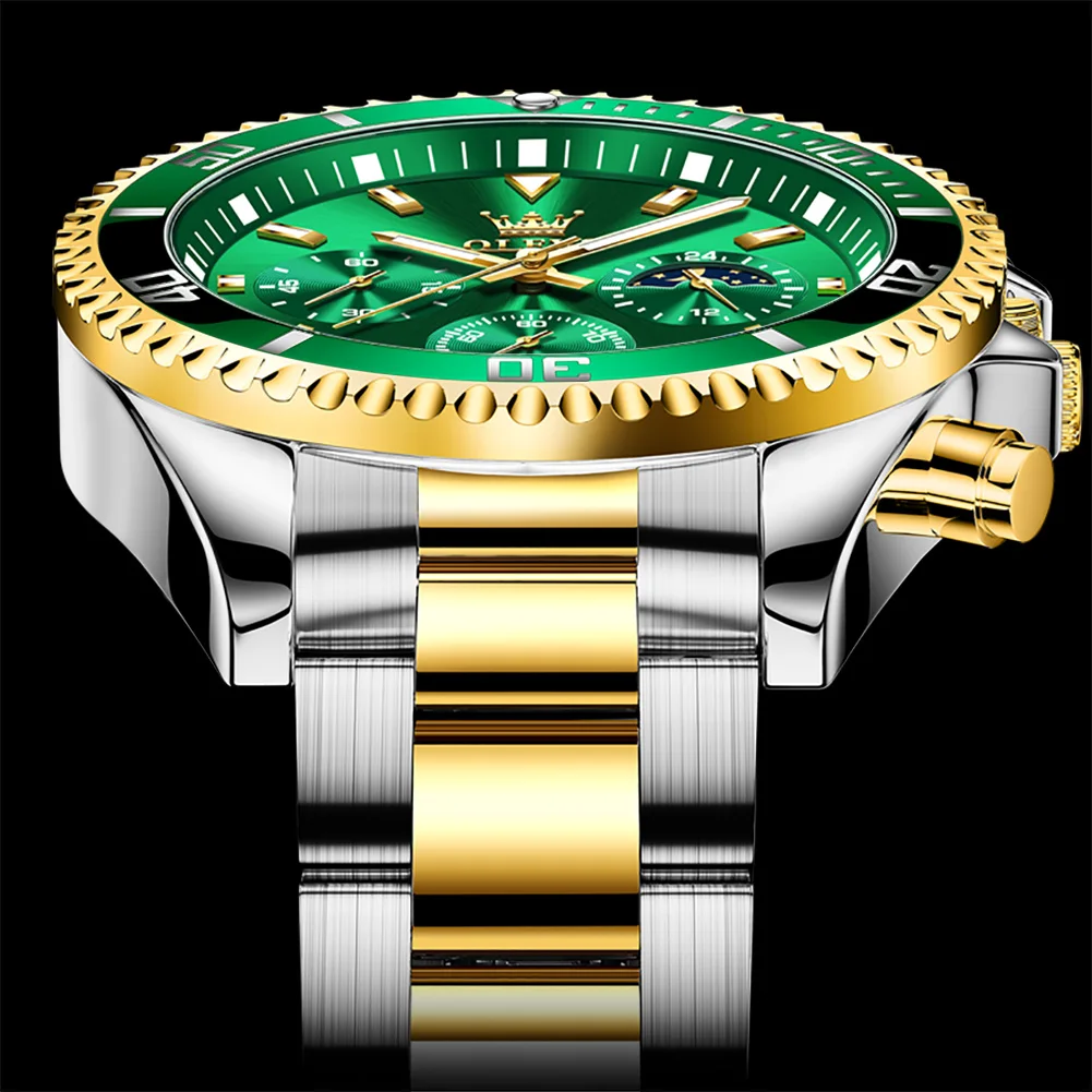 OLEVS orologio da uomo al quarzo impermeabile luminoso orologio in acciaio inossidabile verde Sport data Moon phase orologio da polso per uomo Reloj