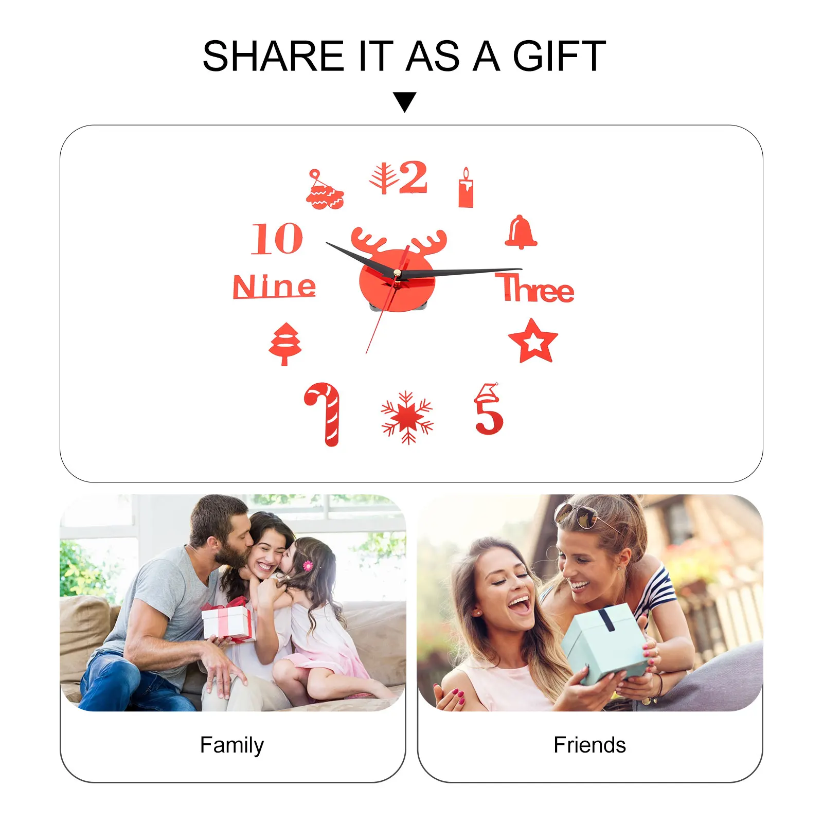 

Wall Clock for Living Room Decor 3D Christmas Clocks Decorate Decorations Red Acrylic