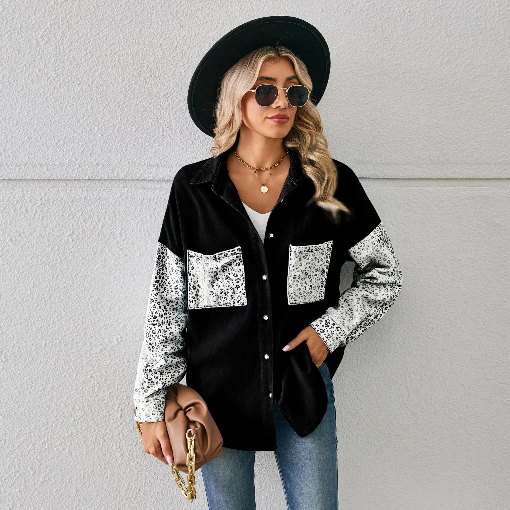 New Fashionable Leopard Print Patchwork Denim Loose Shirt, Women's Spring Casual Long-sleeved Single-breasted Casual Shirt Top