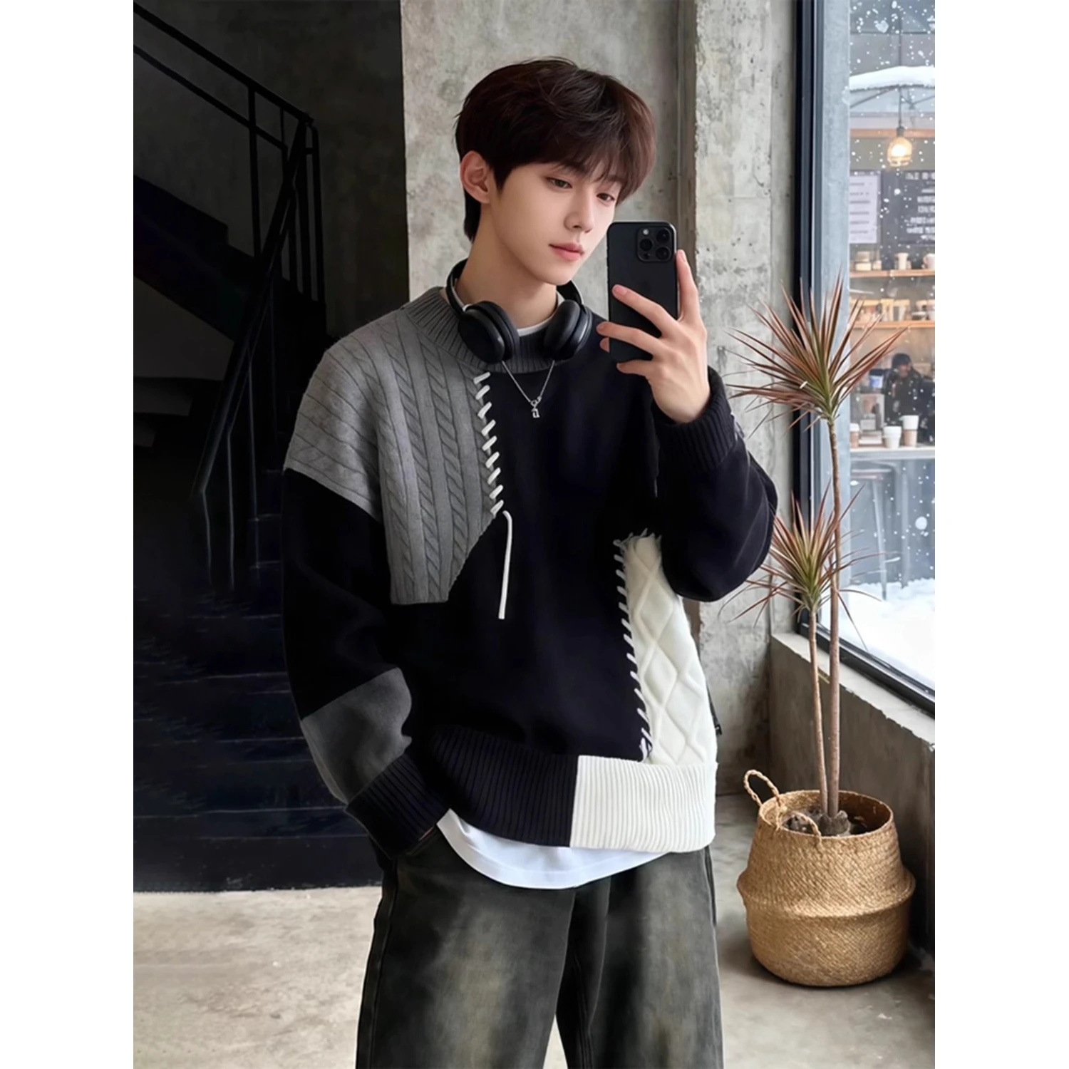 

Ретро лоскутное цветное круглое трикотажное изделие Ne, мужской оверсайз, очень большой дизайн для шитья, ленивый повседневный свободный топ