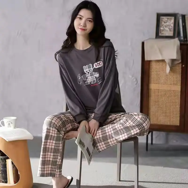 Spring Autumn Womens Polyester Pajamas Sets Plaid Cartoon Sleepwear Long PJ Homewear Women\'s Loose Casual Suit Large Size 5XL