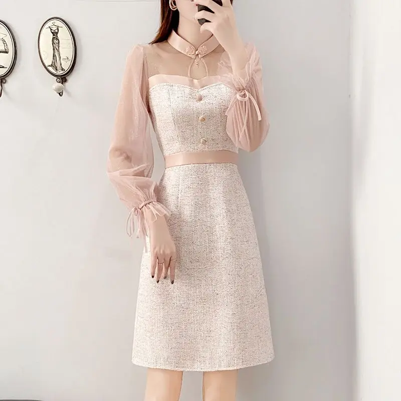 Sweet Elegant Spring Autumn Dresses New Women's Bow Button Patchwork Korean Fashion Chic Long Sleeve Slim Mid-lengt A-line Dress