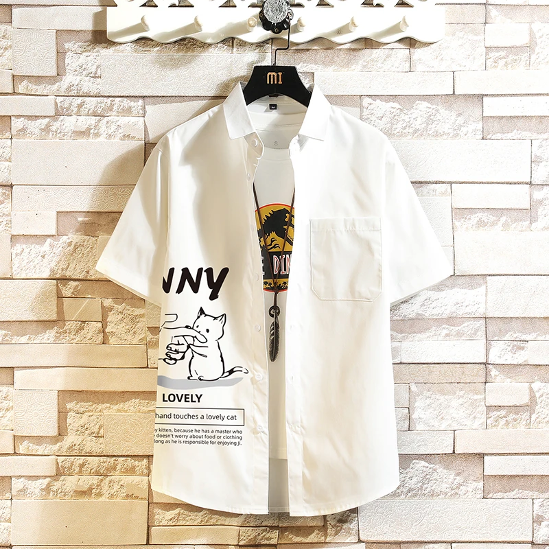 2025 Summer and Autumn New Japanese Style Trendy Cartoon Blue Pink Long Sleeve Shirt Men's Loose White Short Sleeve Casual Shirt