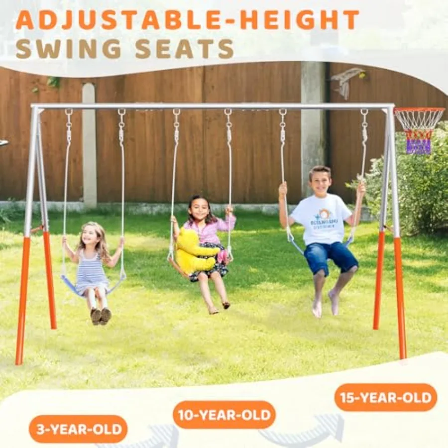 3 مقاعد مجموعات أرجوحة للفناء الخلفي مع مجموعات أرجوحة معدنية لكرة السلة للخارجية مع 3 مقاعد قابلة للتعديل بارتفاع 6 خيوط قفل