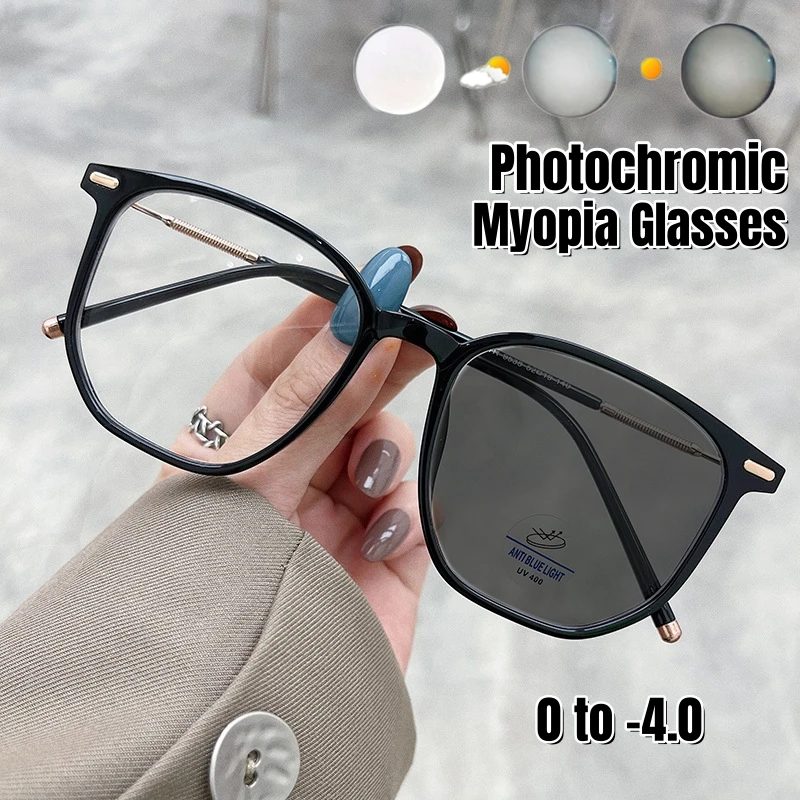 

New Retro Polygonal TR Photochromic Myopia Glasses Trend Large Frame Color Changing Glasses Anti Blue Light Near Sight Glasses