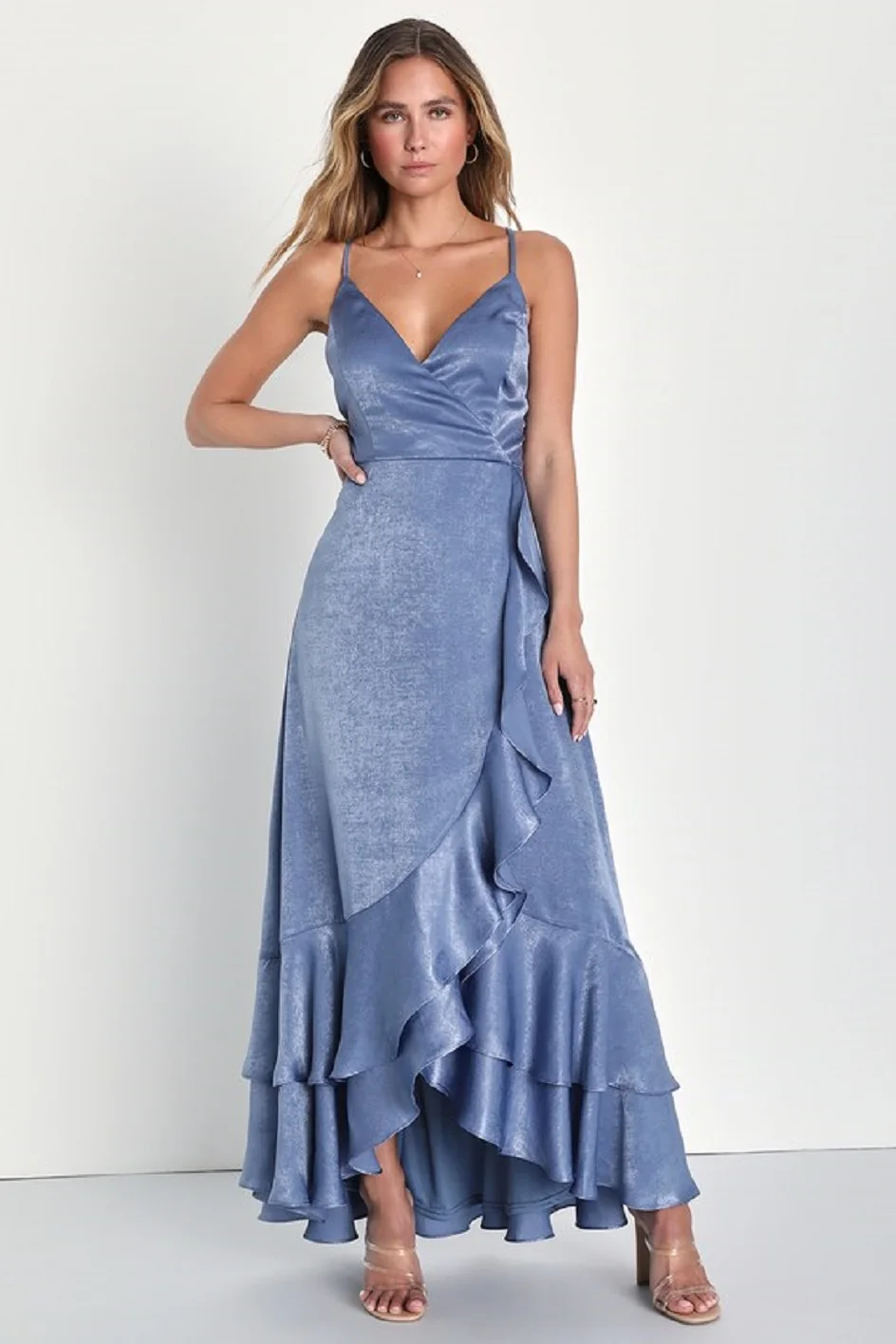 

Elegant Princess Satin Lace-Up High-Low Maxi Evening Dress Surplice Neckline Bridesmaid Dresses Sexy Long Prom GownVestidos Robe