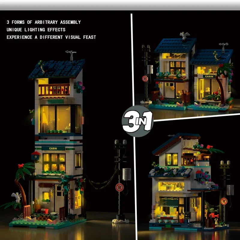3 in 1 813pcs japanische Stadt Street View Strand villa Stadthaus Retro-Kabine mit LED-Licht Baustein Set Spielzeug für Kinder Geschenke
