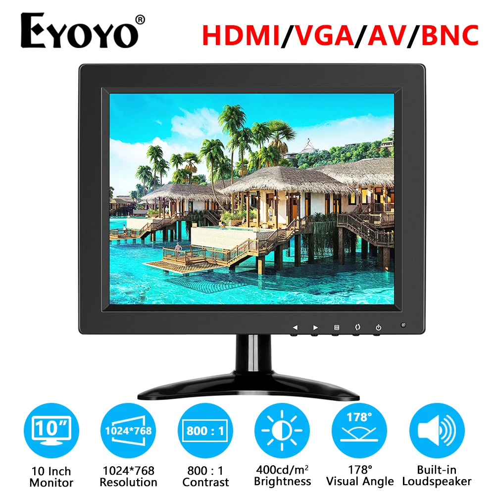 Eyoyo EM10O 10 Inch Computer Monitor 1024x768 60Hz Small External Monitor For PC/CCTV System/TV-Box, With HDMI/VGA/AV/BNC Input