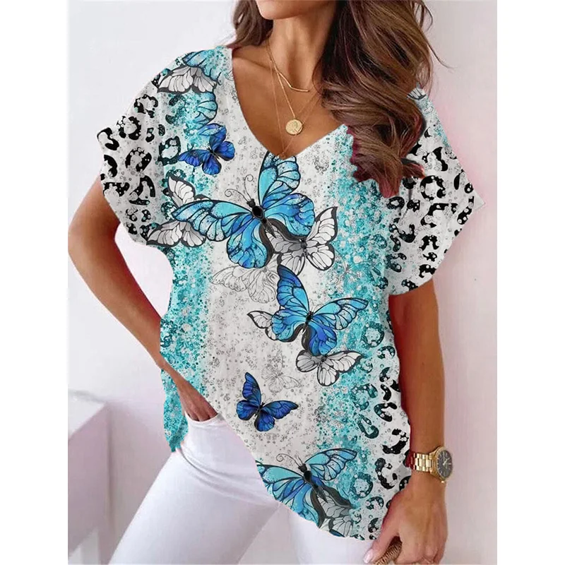 Summer Butterfly Leopard Floral 3D Print T Shirts Women V-Neck Short Sleeve T Shirt Harajuku Oversized Tees Tops Woman Clothing