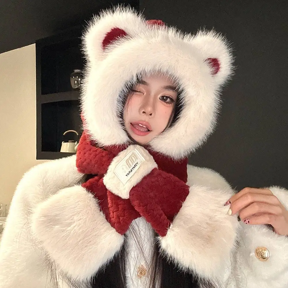Gorro integrado de felpa bonito para invierno, bufanda cálida y gruesa con protección para los oídos, gorro informal a prueba de viento, bufanda para mujer