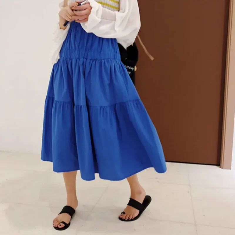 Langer Sommerrock für Damen, hohe Taille, Maxiröcke aus Baumwollleinen, Frühling und Herbst, plissierter Rüschenrock