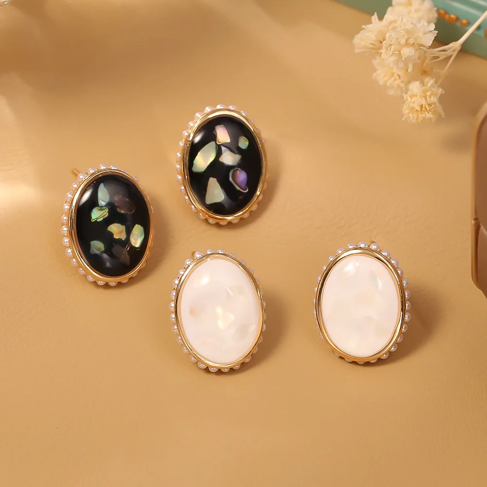 

Fashionable and exquisite retro broken shell oval earrings silver needle earrings niche high-end elegant simple earrings