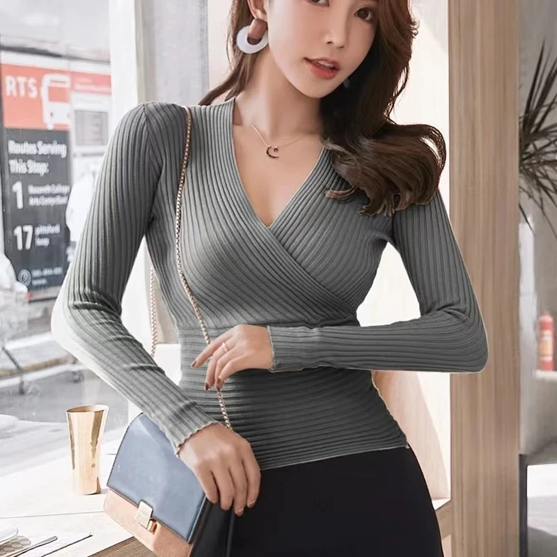

2025 Korean Style Basic Tops Autumn Winter Sexy Deep V Neck Sweater Women New Fashion Slim Long Sleeve Knit Pullovers