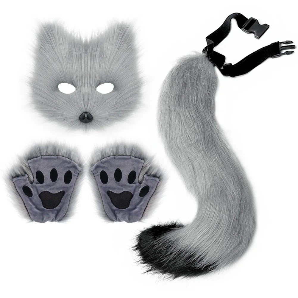 Furry Fox Mask Wolf Fox Tail and Paw Gloves Set Adult Cat Halloween Mask Cosplay Animal Party Christmas Costume ﻿