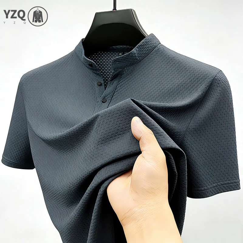 Men's Quick Dry Ice Silk Mandarin Collar Polo Shirt Short Sleeve Button Placket Daily Wear