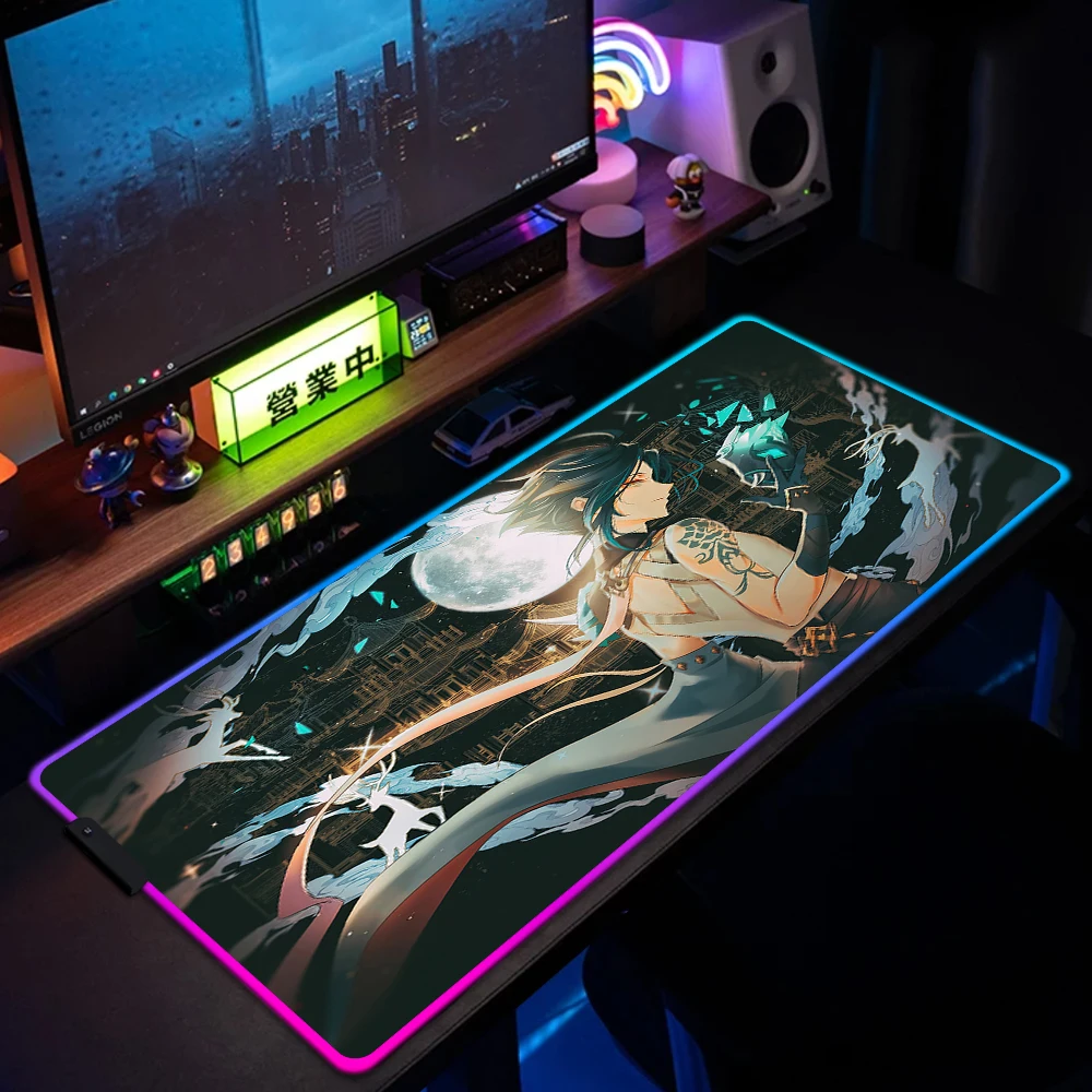 

Genshin Impact Xiao RGB Gaming Mouse Pad Non-Slip Colorful Luminous Desk Mat Keyboard Mouse Mat 900x400 Large LED Mousepad Gamer