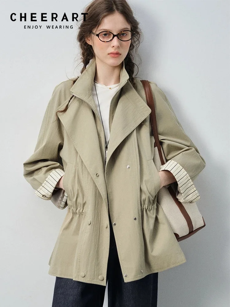 

CHEERART дизайнерский плащ с двойным воротником женский хаки двубортное пальто на молнии на шнурке модная ветровка осень 2025