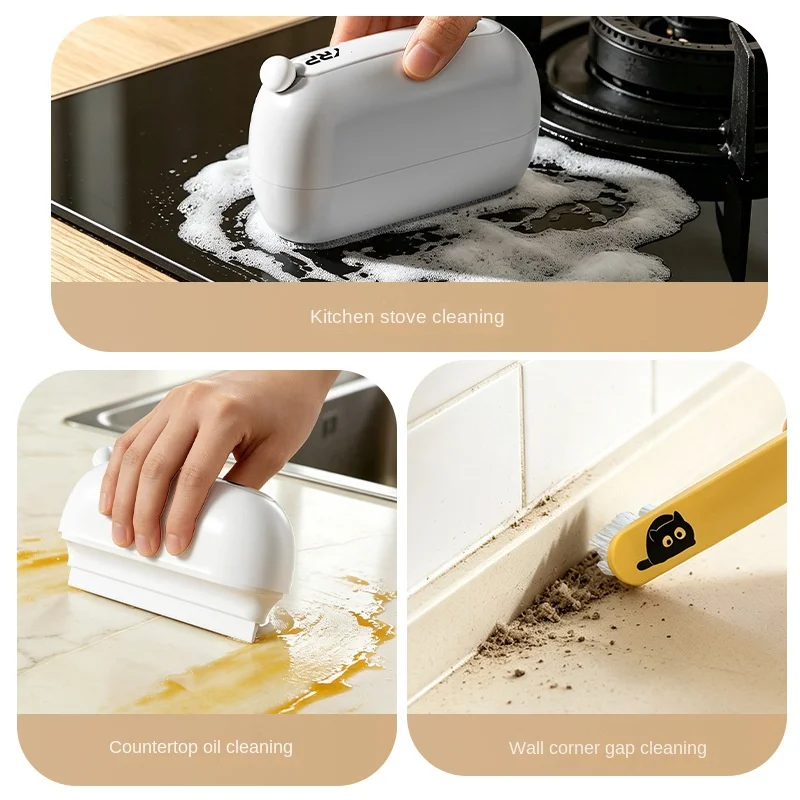 4491 Household 3‑in‑1 Cleaning Tool Squeegee Glass Mirror Wiper Stove Gap Brush for Kitchen Bathroom Desktop Countertop