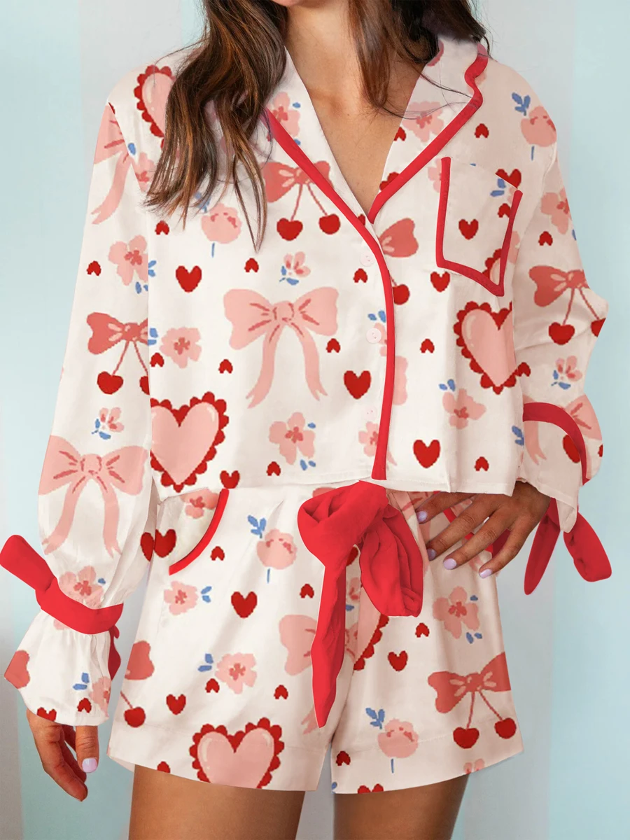 Women Valentine's Day Pajamas Bow Tie Long Sleeve Shirt Shorts Satin Silk Bow Heart Graphic 2 Piece Pjs Set Sleepwear