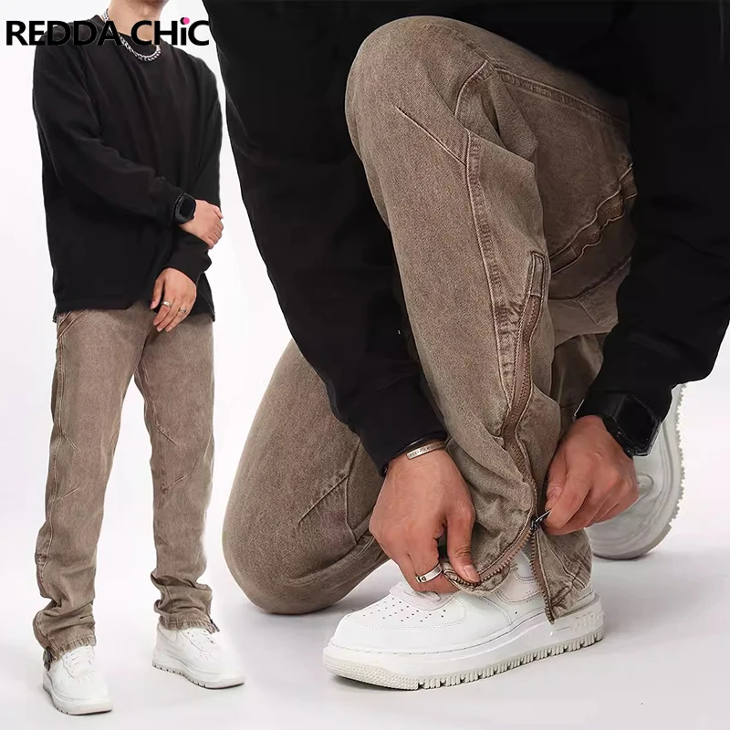 

REDDACHIC Khaki Vintage Wash Straight Jeans Men Hiphop Casual Slim Fit Zipper Split Pencil Pants High Street Trousers Workwear