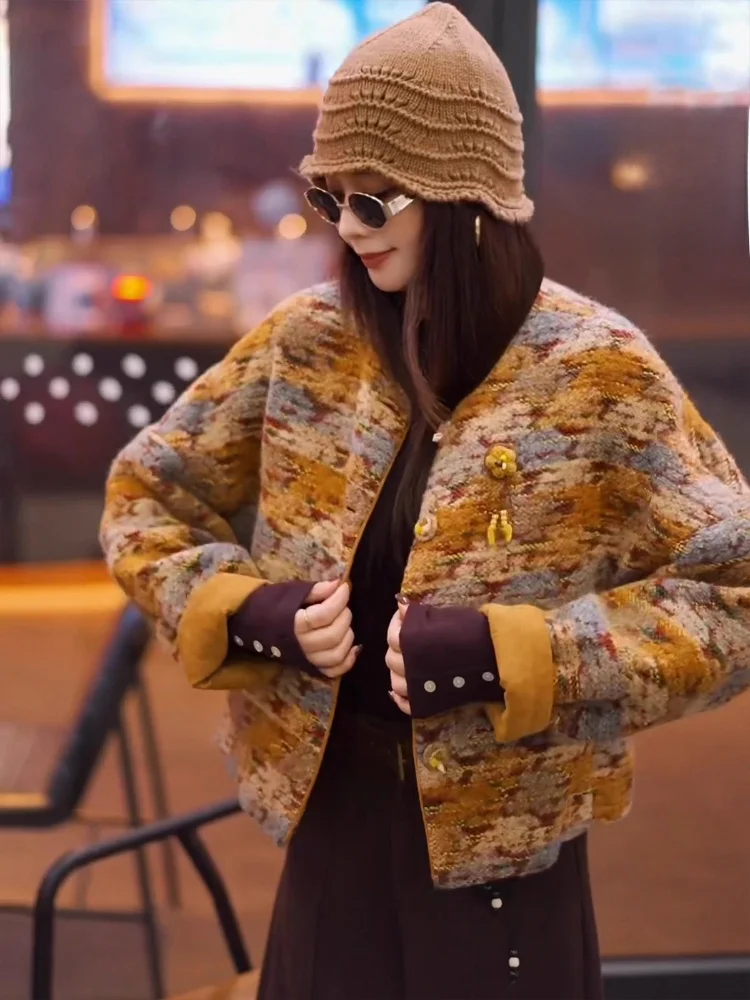 

Loose Retro Color Block Cotton Jacket Women's Short Top Fashionable Korean Style Autumn Winter New Arrival Button Closure