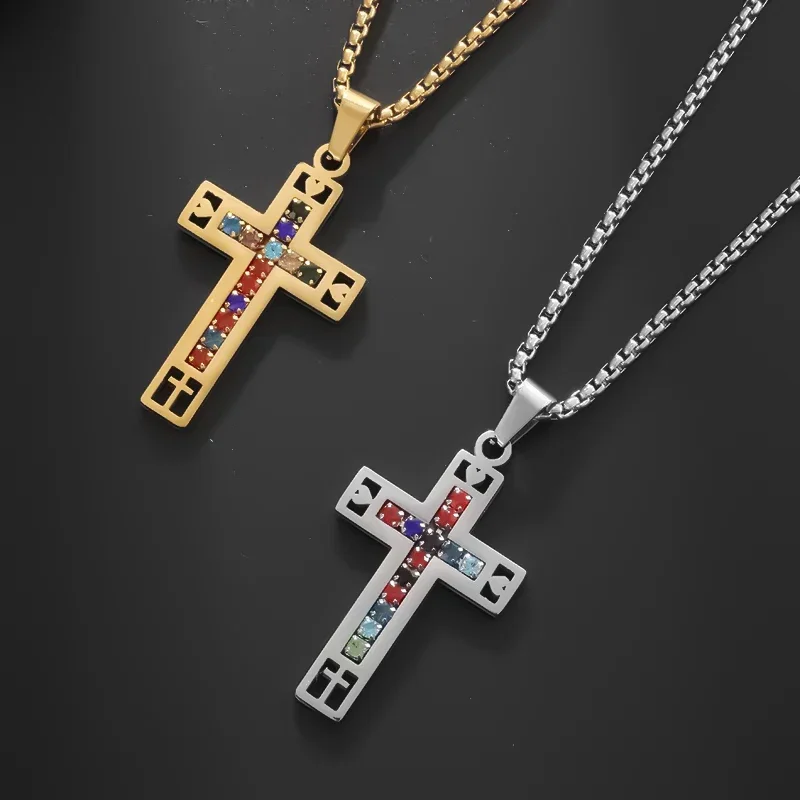 High Quality Stainless Steel Color Zircon Cross Pendant Necklace for Men and Women Hip Hop Trend Religious Amulet Jewelry Gift