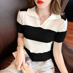 Clothing T-shirt Woman Tops Red Knit Polo Neck Shirts for Women Green Striped Short Sleeve Tee V Cute Youth High Quality Cotton