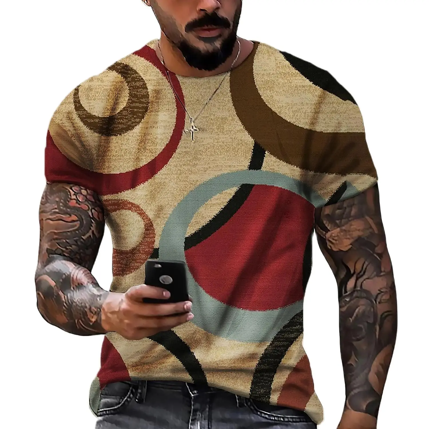 3D Tshirts For Men Vintage Brown Geometry T-Shirt Casual Printed Short-Sleeved Loose Oversized Streetwear T-shirt Tops Tees