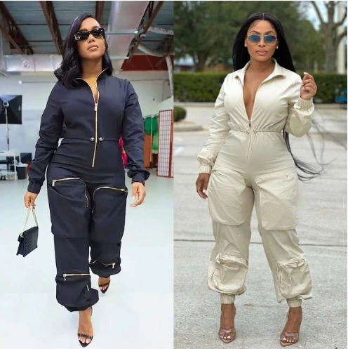 Women's Jumpsuit Casual Fahsion Waist Strap Belt Long Sleeve Workwear Jumpsuit Metal Zipper Flip Neck Bread Bag Cargo Pants