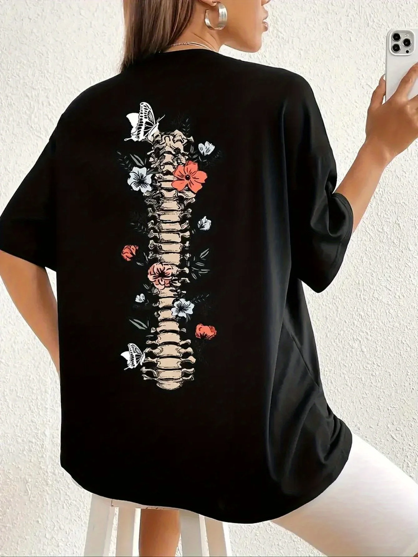 

Women's Casual T-Shirt - Black with Floral & Skeleton Print, Loose Fit, Round Neck, Short Sleeve, Lightweight & Breathable for S
