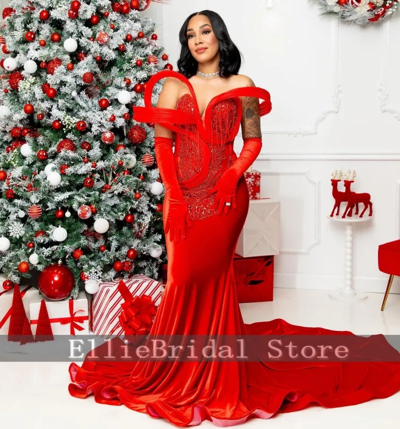 ゴージャスなクリスマスイブニングドレス、手袋付き、カスタマイズされたビーズ装飾、ベルベットの婚約ドレス、ドバイセクシーなパーティー衣装、プロムガウン