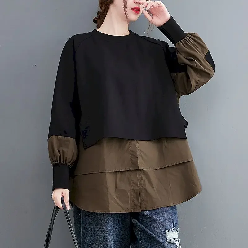 Womens Pullover Fashion Fake Two-piece Stitching Shirt Spring Autumn Trend Pullovers Casual Loose Thin Tops Design Niche Clothes