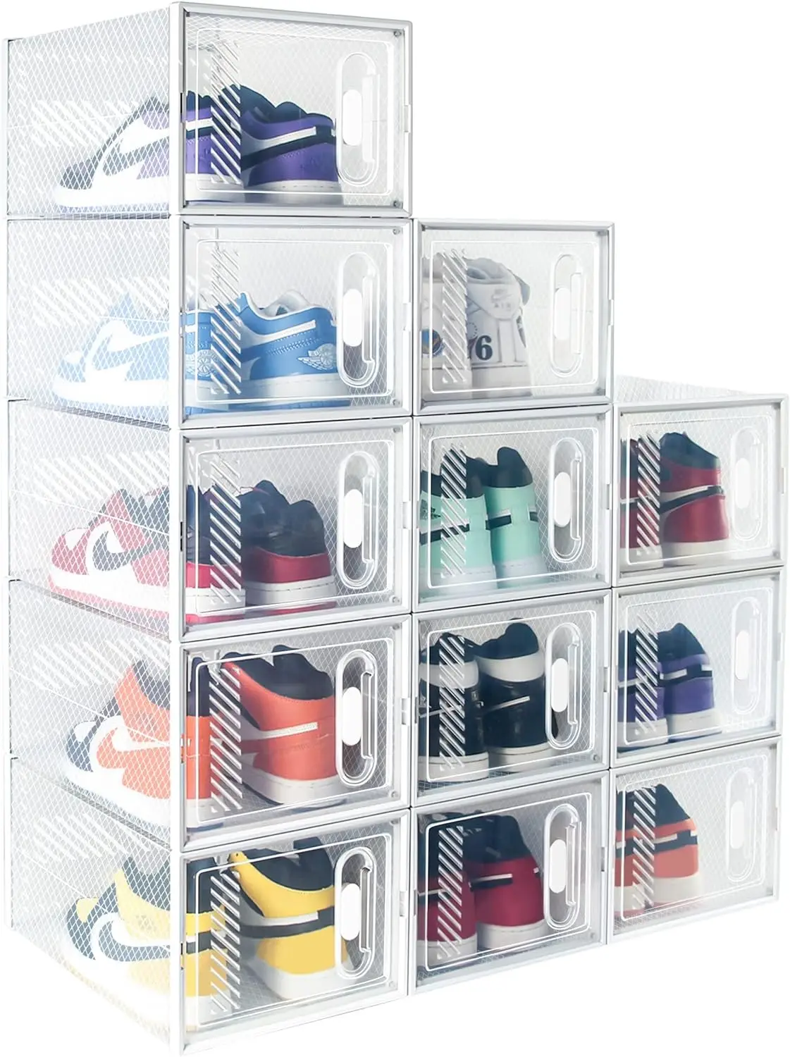 Hrrsaki 12 Pack XX-Large Shoe Storage Boxes, Shoe Boxes Clear Plastic Stackable, Shoe Organizer Boxes with Lids,