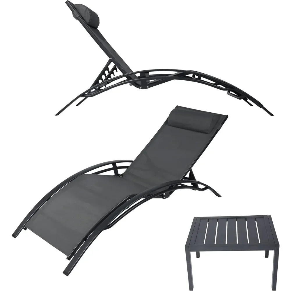 

Patio Chaise Lounge Chair Set of 3 with Side Table Outdoor Adjustable Aluminum Sunbathing Lawn Lounger Chair w/Removable Cushion