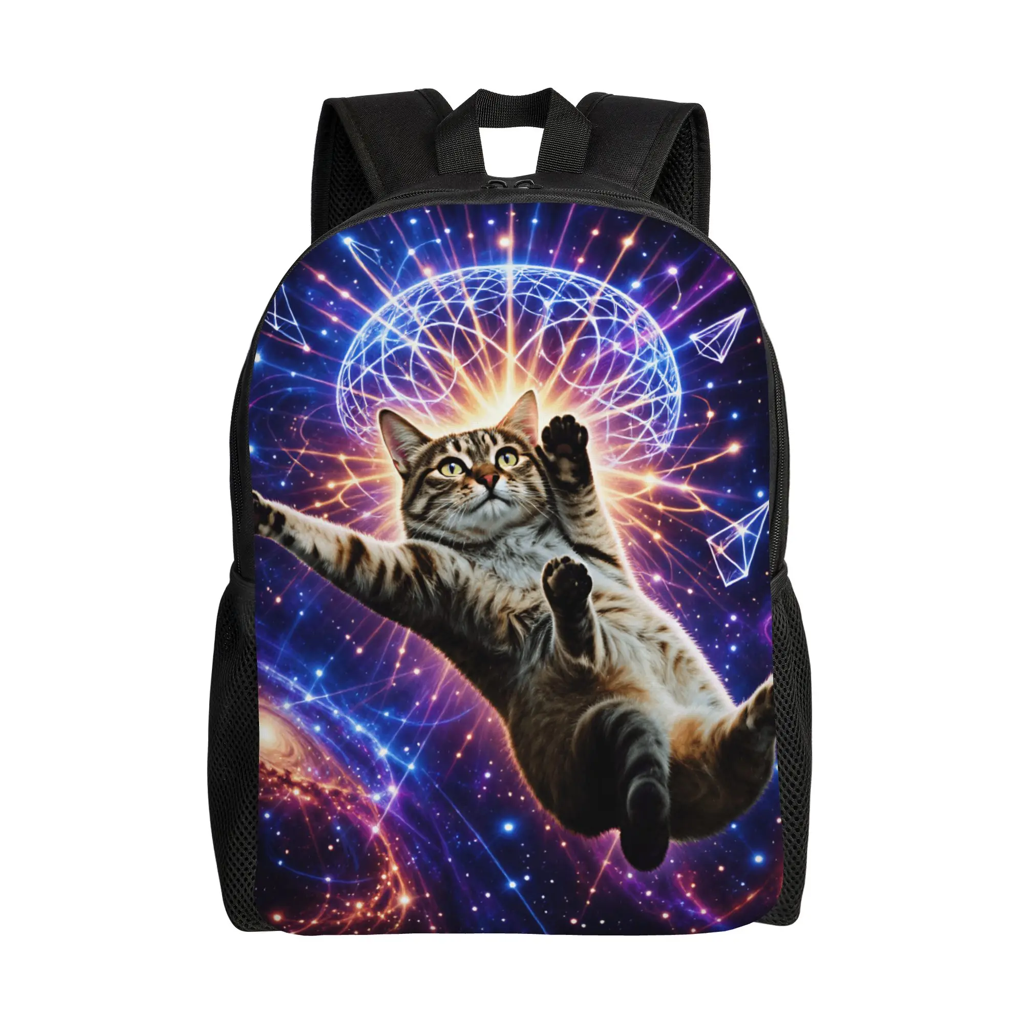 Tabby Cat Floating In Colorful Cosmic Galaxy With Glowing Geometric Sphere Backpack  Fashion Backpacks Youth Large School Bags