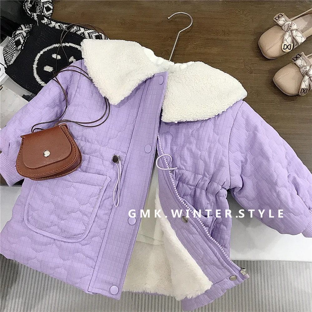 2025 Winter Children Girl Parka Cotton Padded Turn Down Collar Baby Girl Snowwear Coat Loose Elastic Waist Solid Kid Girl Jacket