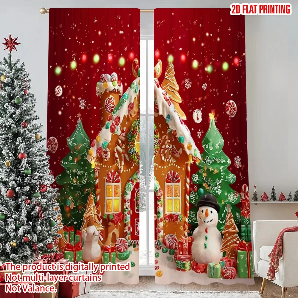 2 Stück 2D-Flachdruck Frohe Weihnachten Beliebter Vorhang Lebkuchenhaus Weihnachtsszene Kunstwerk 100 % Polyesterstoff ohne