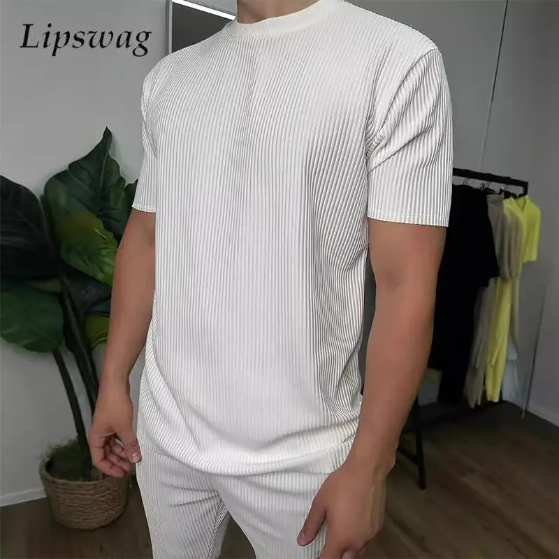 

Fashion Slim Fit Ribbed Two Piece Sets For Mens Summer Breathable Casual Short Sleeve O Neck T-shirt And Pants Outfits Men Suits