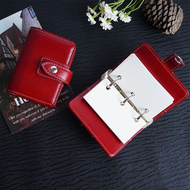 new arrive A9 genuine leather mini red black planner  3 hole mini rings notebook organizer journery diary