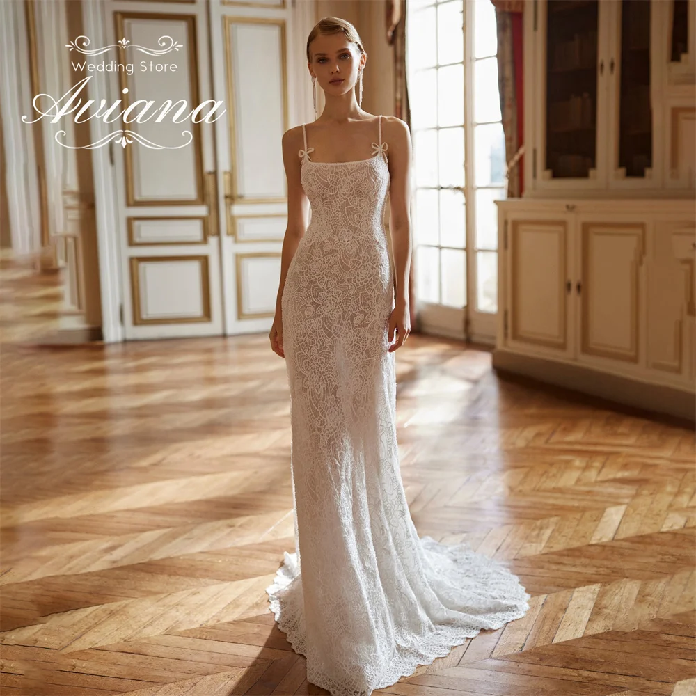

Customized Aviana Lace Embroidery Mermaid Wedding Dress Spaghetti Strap Backless Sleeveless Bow Sweep Train Floor Length Elegant