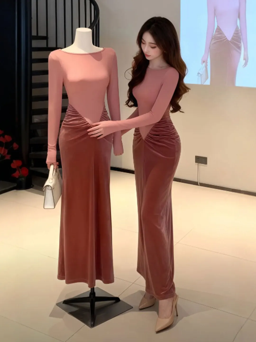 

Элегантное облегающее длинное платье с завышенной талией, однотонное, весна 2026, для женщин: повседневное, деловое, для танцев, йоги, офиса, прогулок