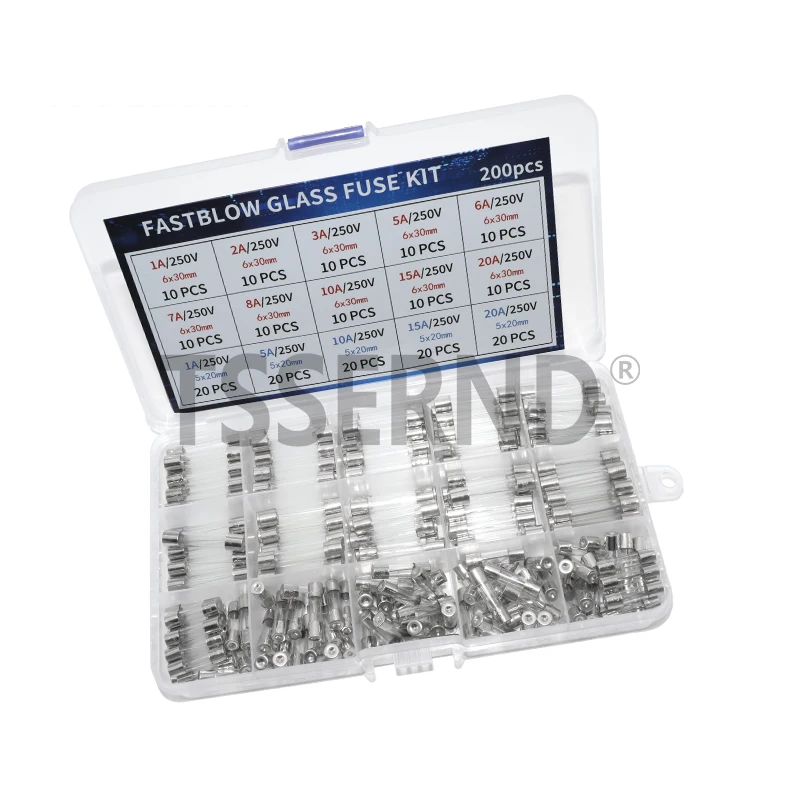 200Pcs Fast Blow Glass Fuses Assortment Kit 15 Values Auto Fuses Assortment Kit 250V 5x20mm & 6x30mm Glass Tube Fuses
