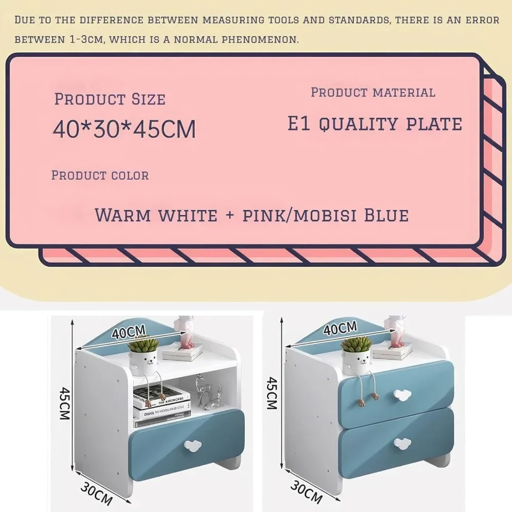 Children's bedside table with wooden storage space, double drawers, open wooden frame for children's room, bedside table