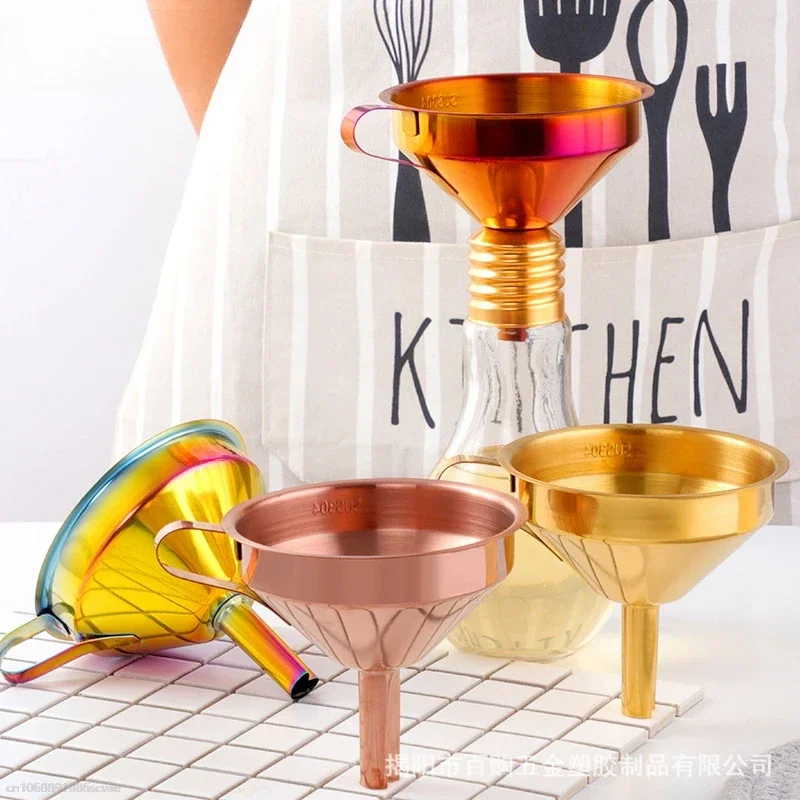 304 Stainless Steel Kitchen Oil Liquid Funnel with Detachable Filter Strainer for Filling Bottles Canning Gold Metal Funnel 깔떼기