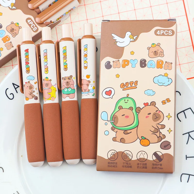 

8 Pcs (2 Sets) Cute Capybara Neutral Pen High Value Sponge Sheath Press Pen Soft Grip Student Brush Question Black