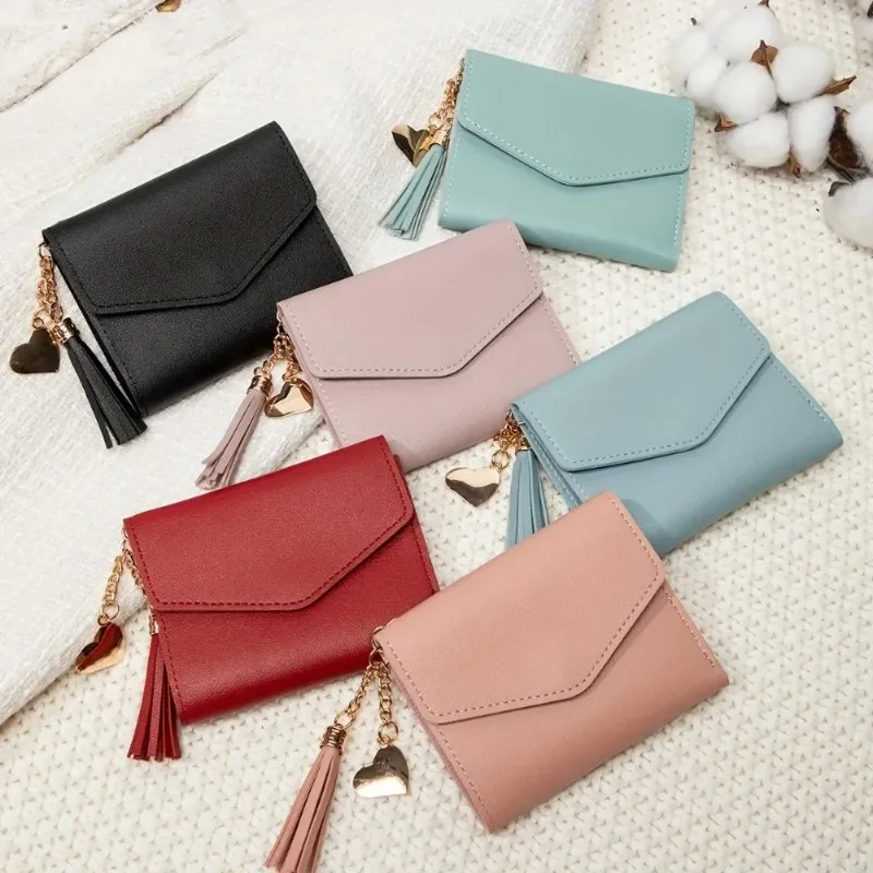 New Compact Women Clutch Wallet PU Leather Portable Ultra-thin Coin Purse with Tassel Credit Card Holder Short Women's Wallet