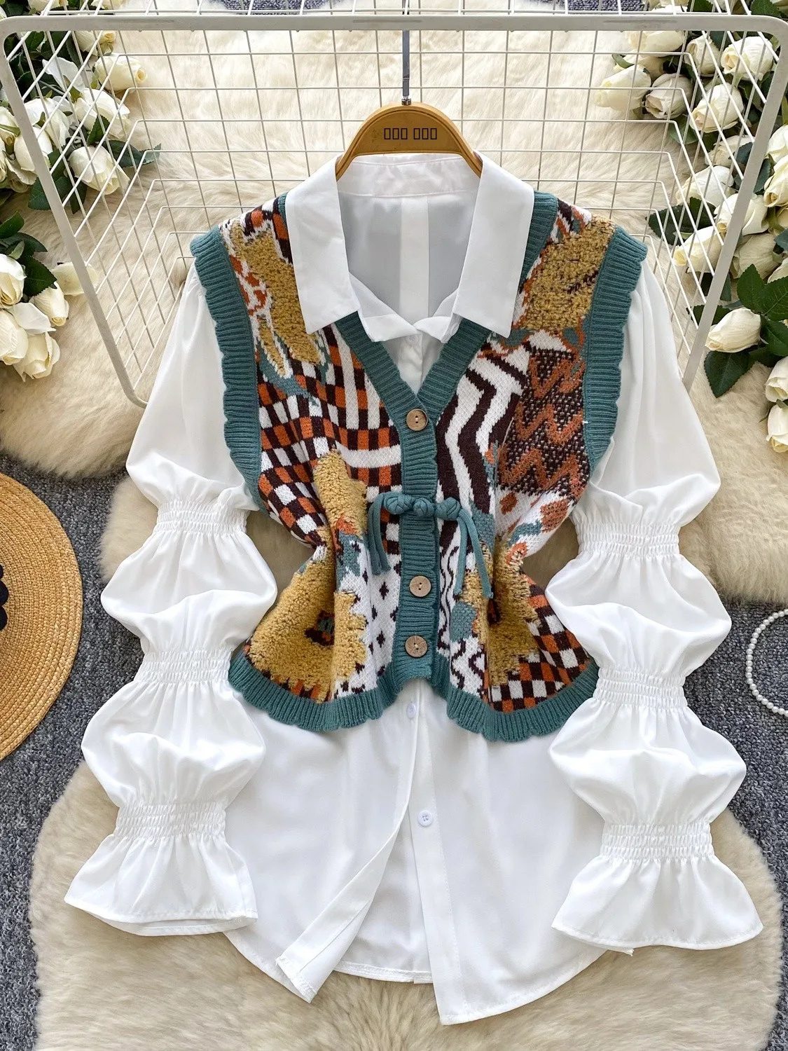 

Faionable Bubble Sve irt и вязаный жилет, комплект из двух предметов для женщин, осенняя одежда, прямой боди с высокой талией, универсальный крой